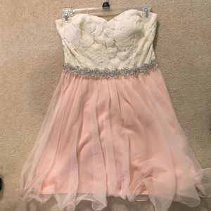 Strapless lace top dress; white top peach bottom